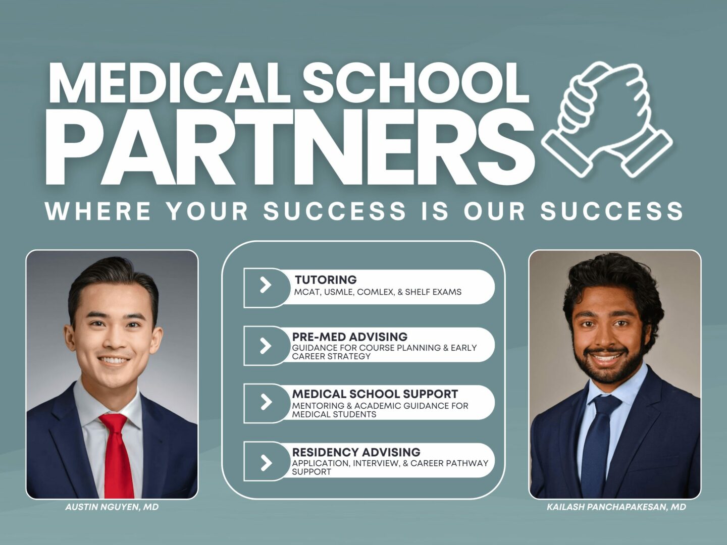 Medical school partners banner with two smiling men in suits, text about tutoring, advising, and support services.