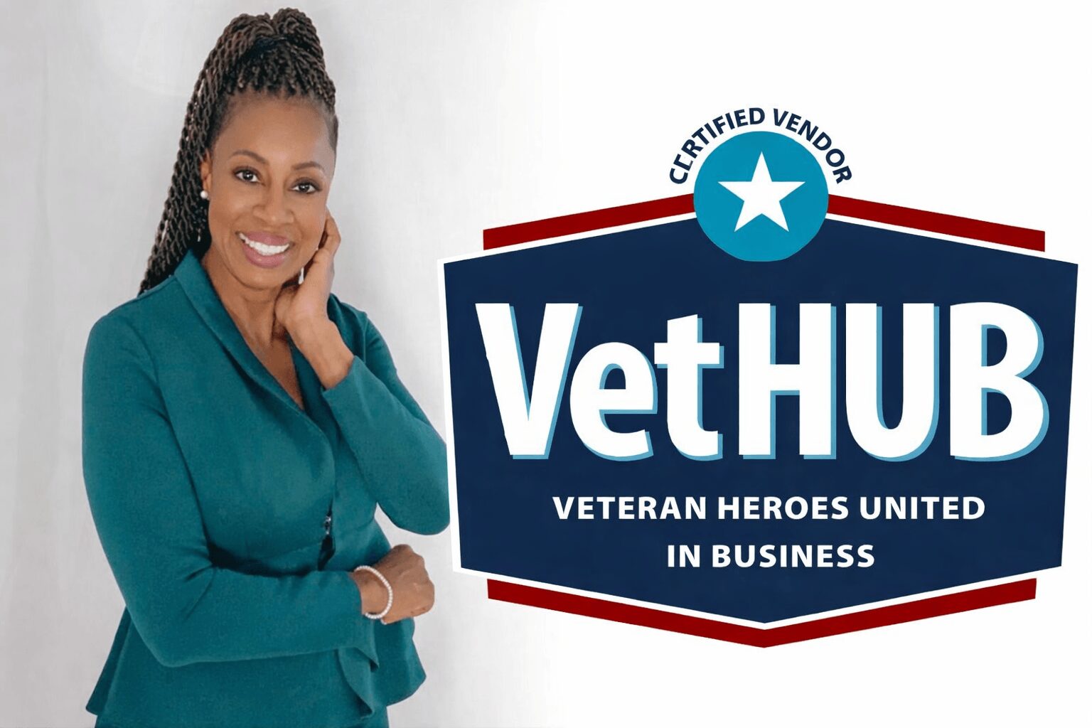 Woman in teal blazer smiling with hand on chin next to VetHUB logo and text.