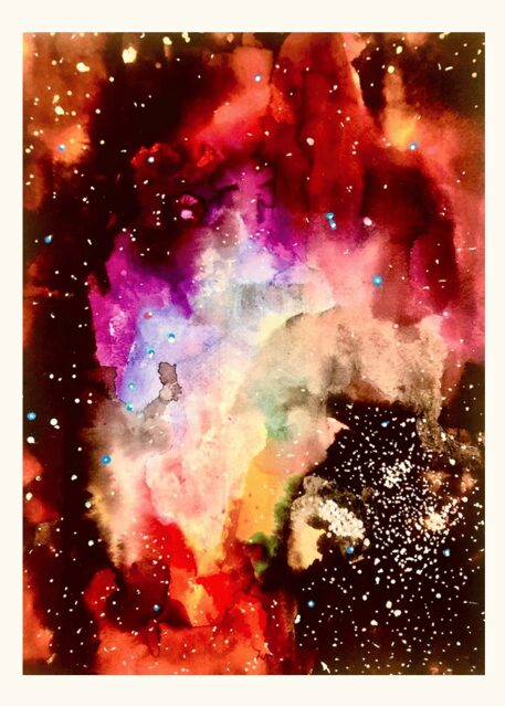Colorful galaxy with stars, nebulae, and cosmic clouds in vibrant reds, purples, greens, and whites.