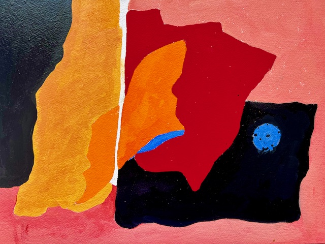 Abstract painting with red, orange, black, blue, and pink shapes and textures.