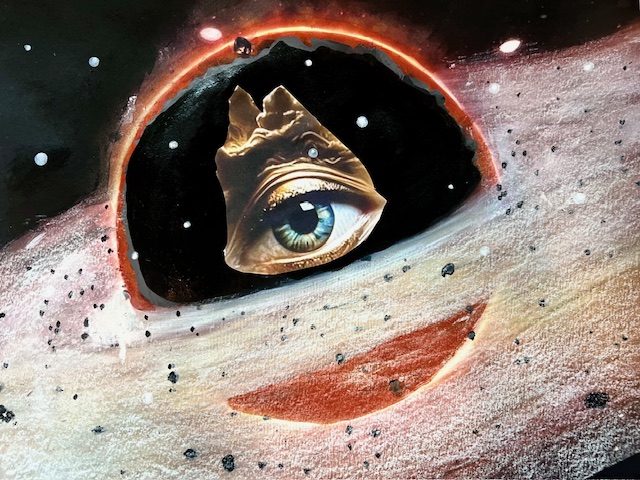 Close-up of an eye with a surreal, cosmic scene reflected in the iris, surrounded by abstract textures and colors.