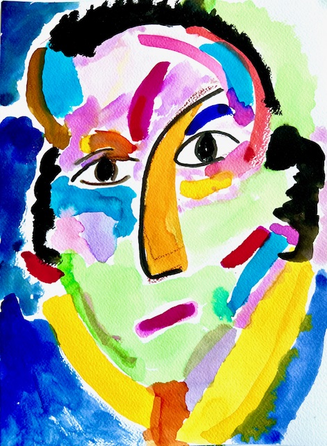 Abstract colorful portrait of a person with one eye visible, using bold brushstrokes and vibrant colors.
