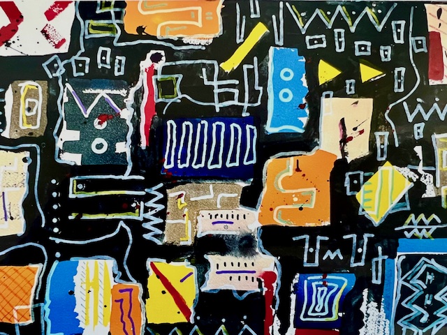 Abstract artwork with various geometric shapes, lines, and colors including blue, yellow, red, black, and white.