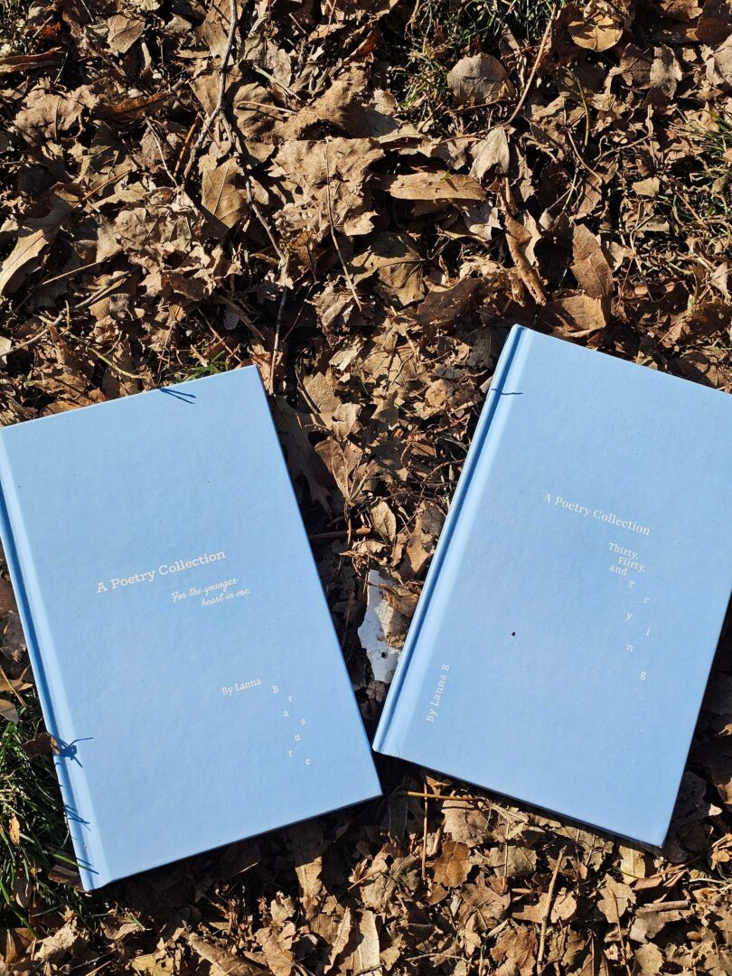 Two blue rectangular boxes with white text are placed on dry, brown leaves outdoors.
