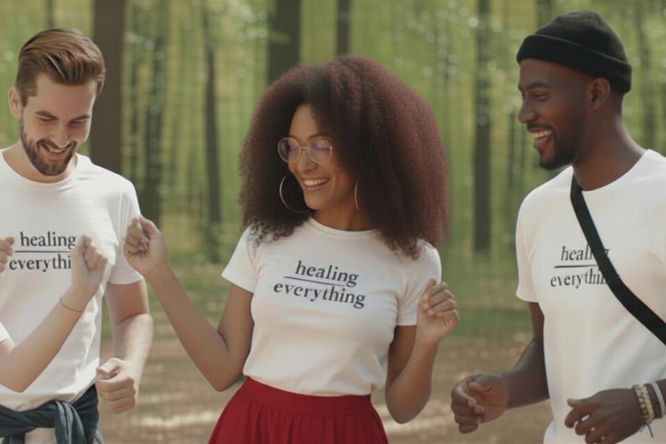 Three people smiling and dancing outdoors in a forest, wearing white t-shirts with text, enjoying each other's company.
