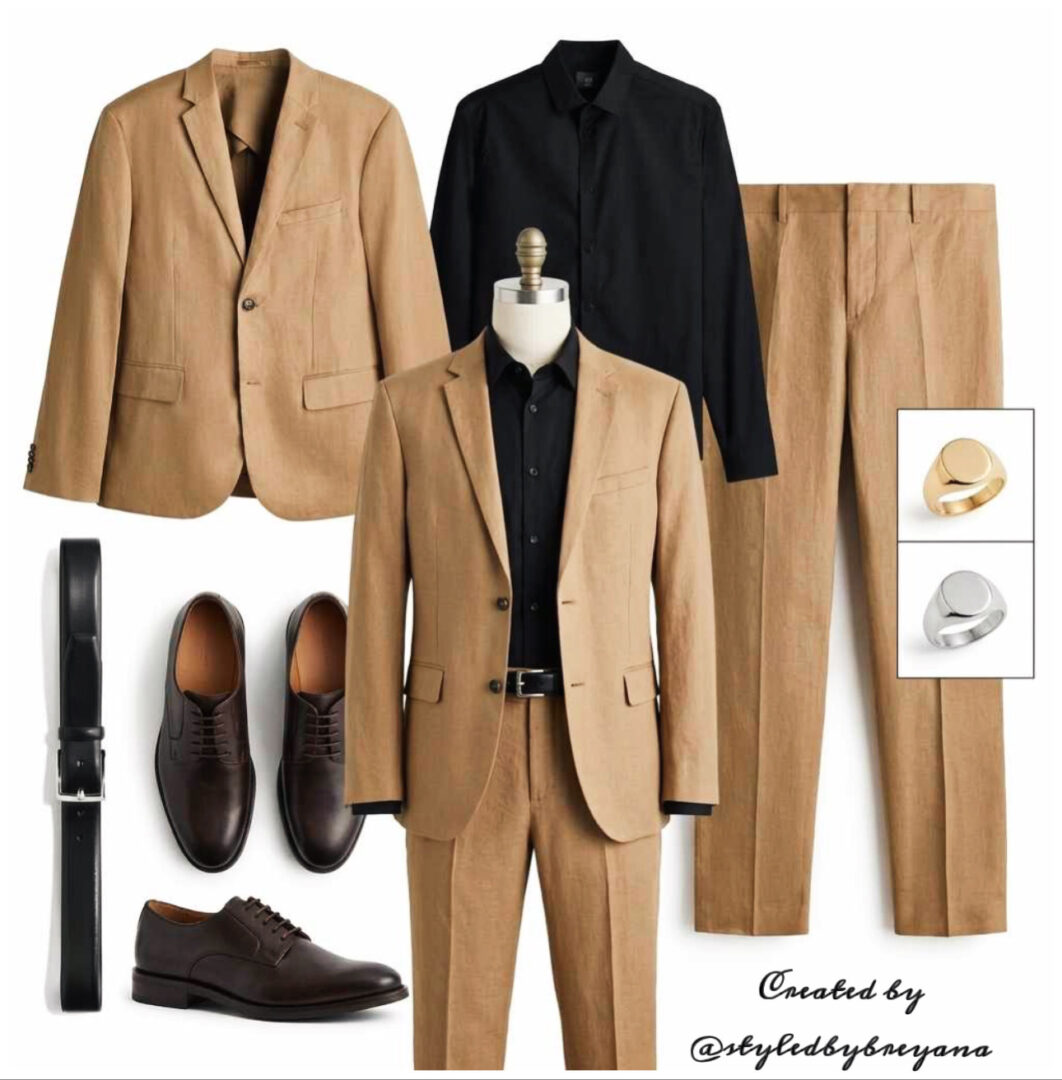 Men's beige suit with black shirt, black blazer, brown shoes, belt, and rings, displayed on a mannequin and flat lay.