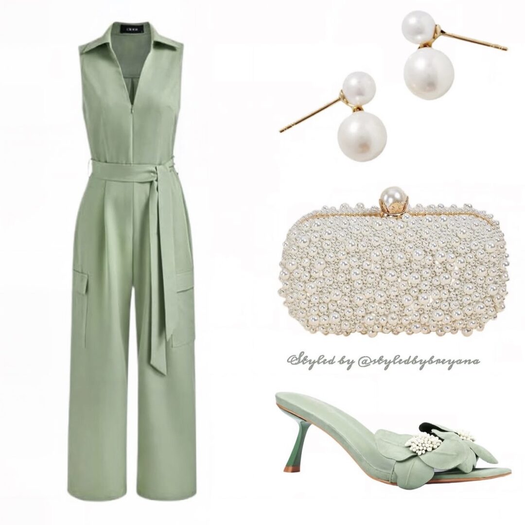 Light green sleeveless jumpsuit, pearl earrings, pearl clutch, green high-heeled shoes with bow, all fashion accessories.