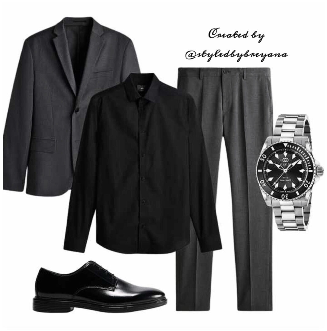 Black and gray formal outfit with blazer, shirt, trousers, dress watch, and black shoes.