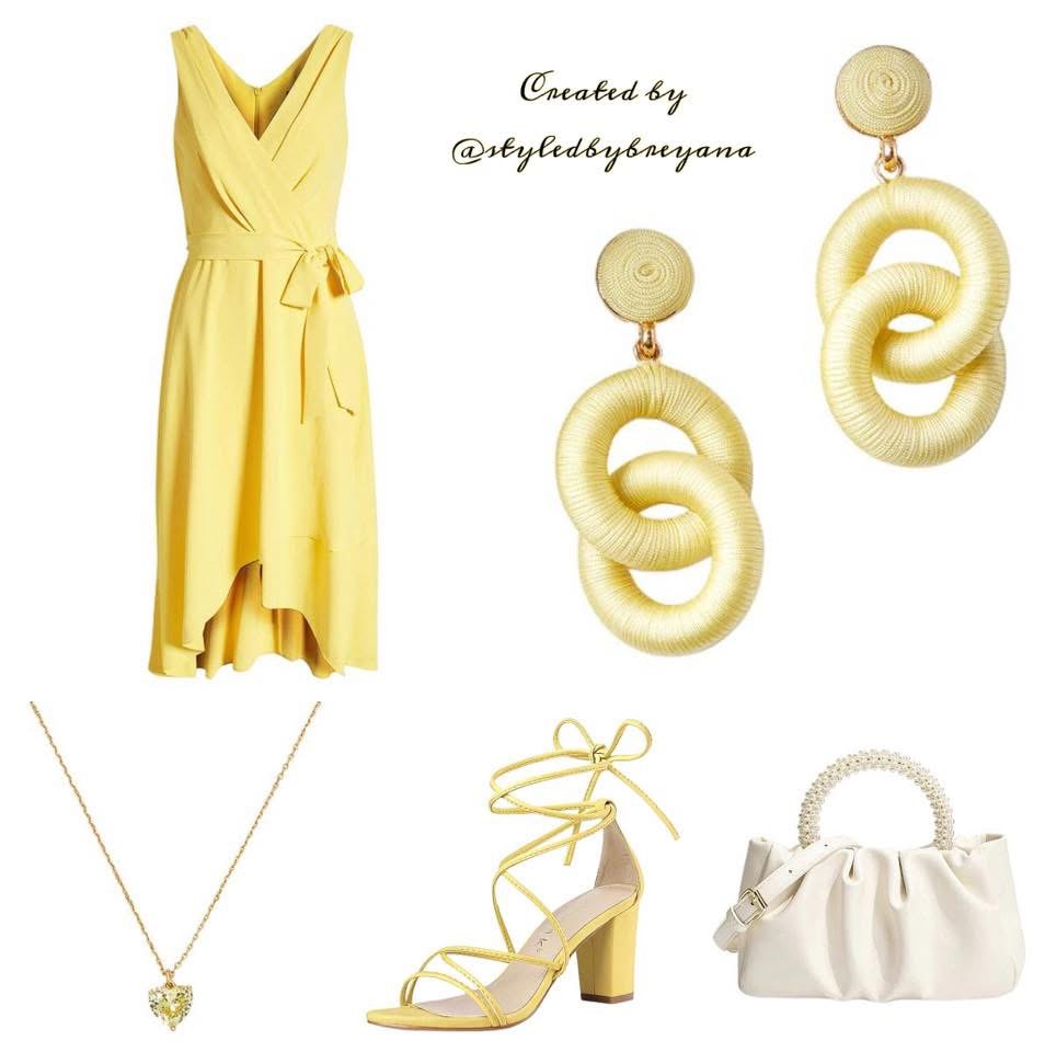 Yellow dress, cream earrings, yellow heels, white handbag, gold necklace, and text signature.