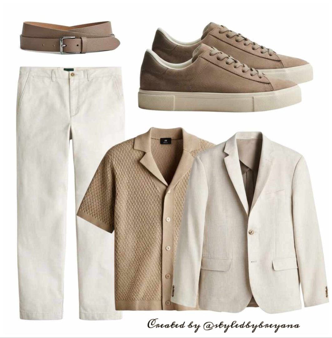 Beige blazer, short-sleeve shirt, white pants, beige sneakers, brown belt on white background.