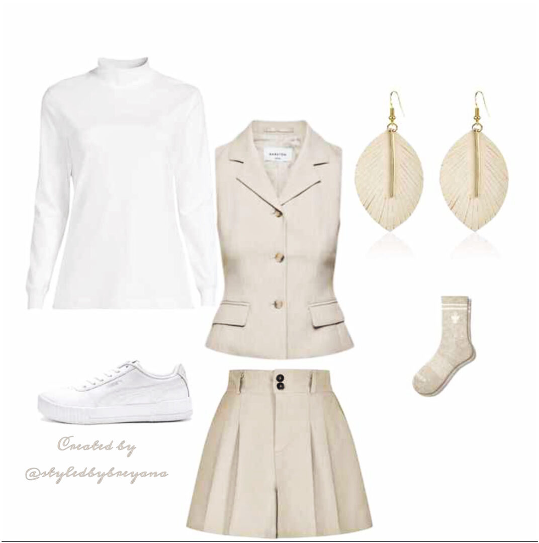 White turtleneck, beige vest, beige skirt, earrings, socks, and sneakers on a white background.