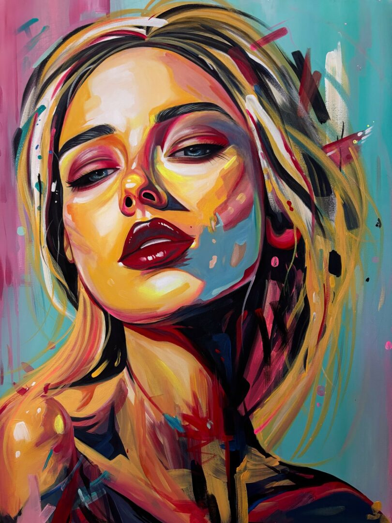 Portrait of a woman with colorful, expressive brushstrokes, bold makeup, and flowing hair against a vibrant background.