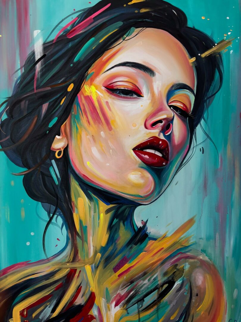 Portrait of a woman with colorful makeup and flowing dark hair, expressive eyes, and vibrant paint strokes on face and shoulders.