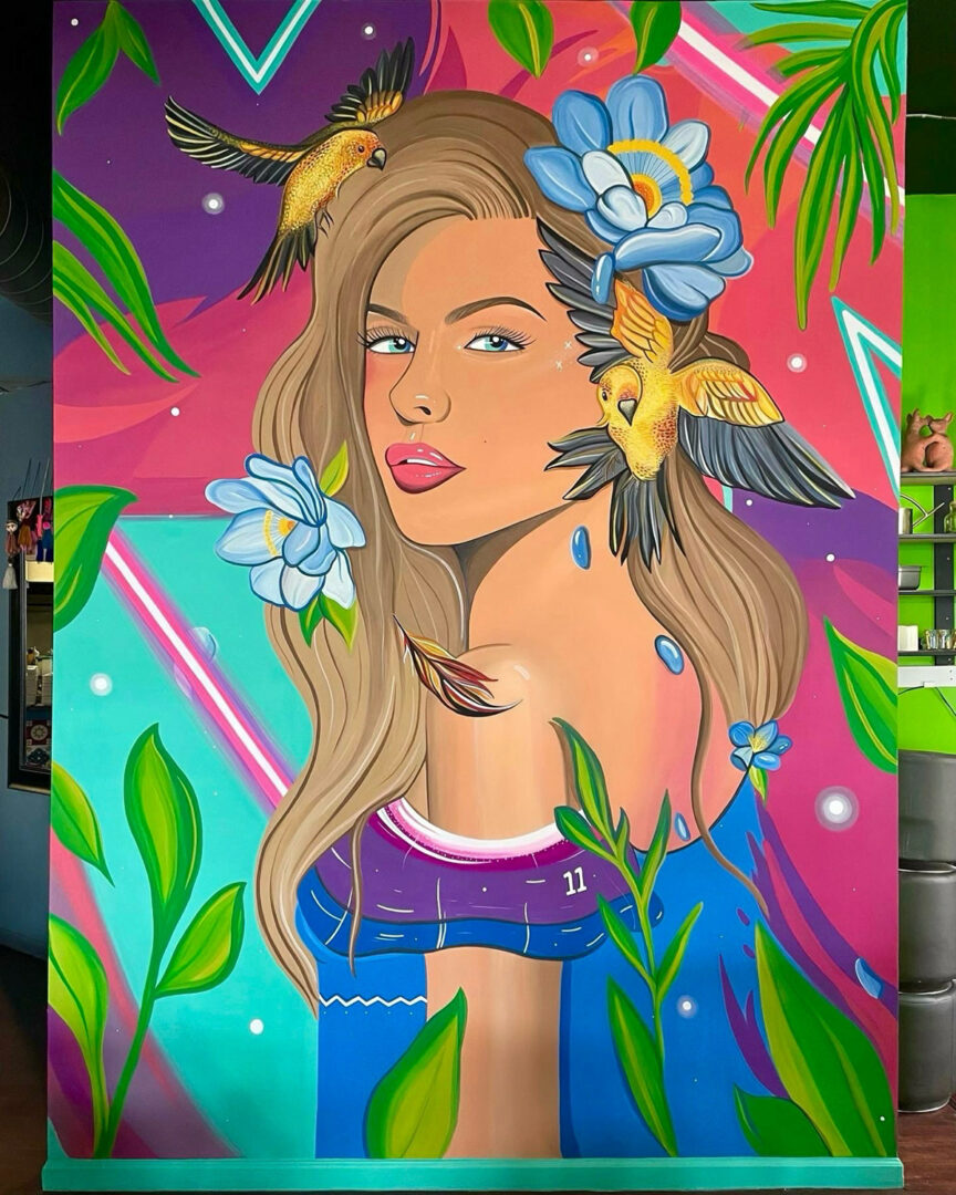 Illustration of a woman with long hair, surrounded by flowers, birds, and lush greenery in vibrant colors.