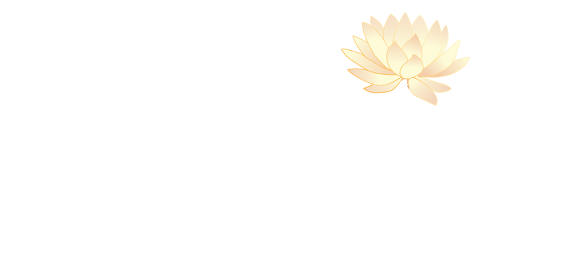 Black background with white text and a cream-colored lotus flower logo.