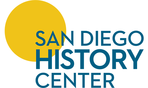 Logo with a yellow circle and blue text reading San Diego History Center.