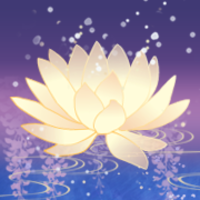 A glowing white lotus flower floating on water with sparkles and a purple background.