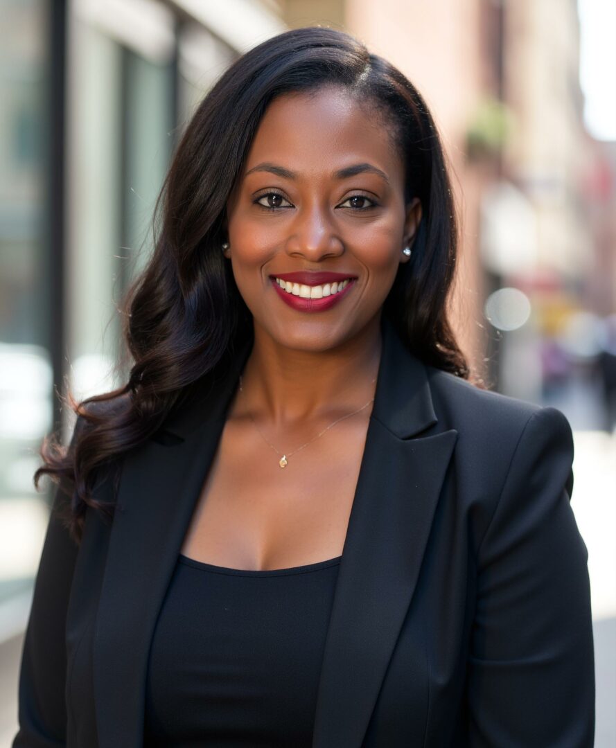 Woman with long dark hair smiling outdoors, wearing a black blazer and top, city background.