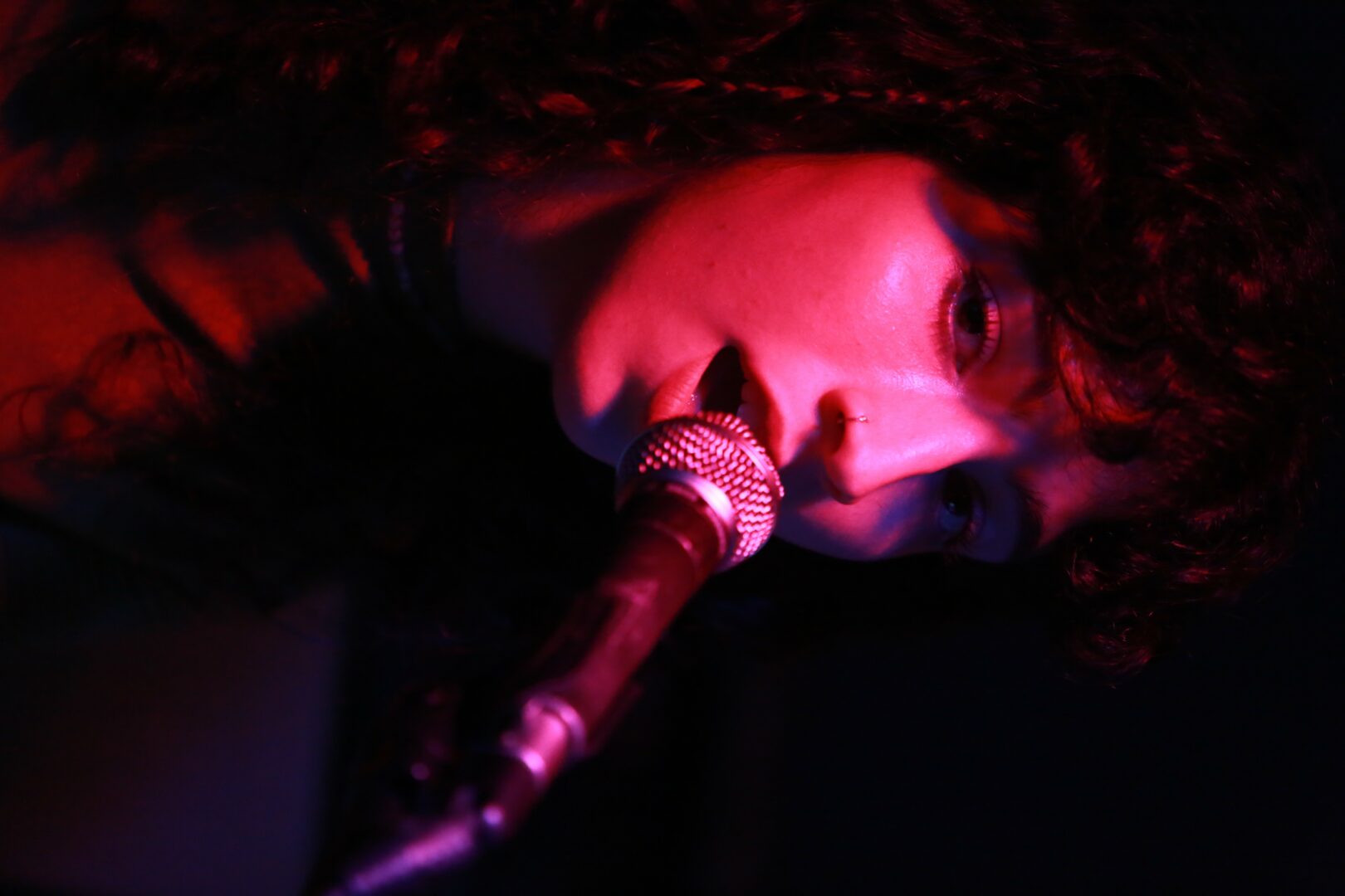 Person with curly hair singing into a microphone, illuminated by red and purple stage lights.